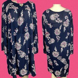 Old Navy L Navy Blue Floral Tie Tassel Neckline Slip Lined 3/4 Sleeve Knee Dress